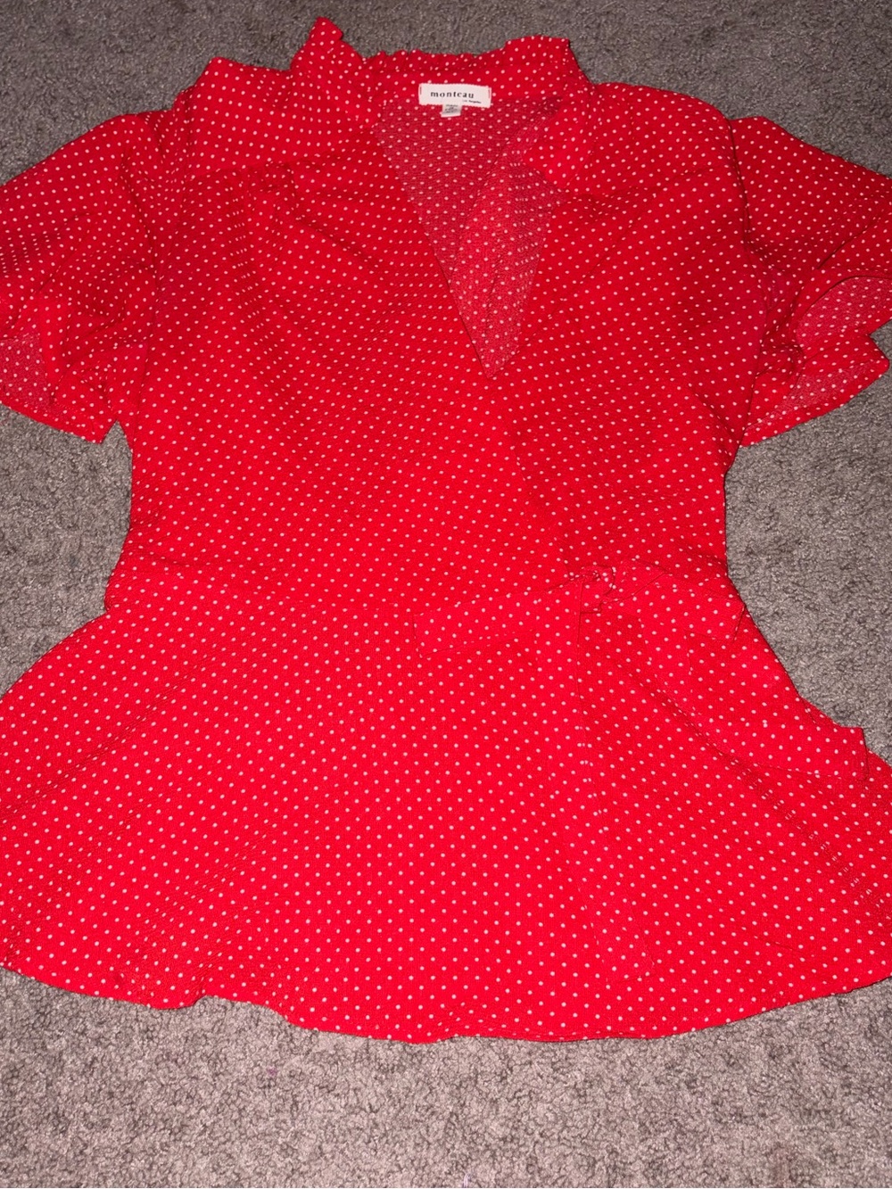 Monteau Red Pull Over Wrap Blouse with White Polka Dots
